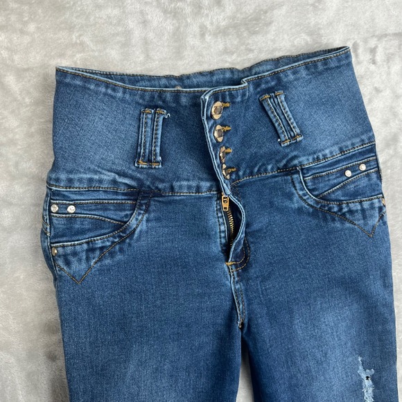 Verox 12 High Waisted Skinny Jeans Blue Denim Distressed Button Fly - Picture 2 of 16